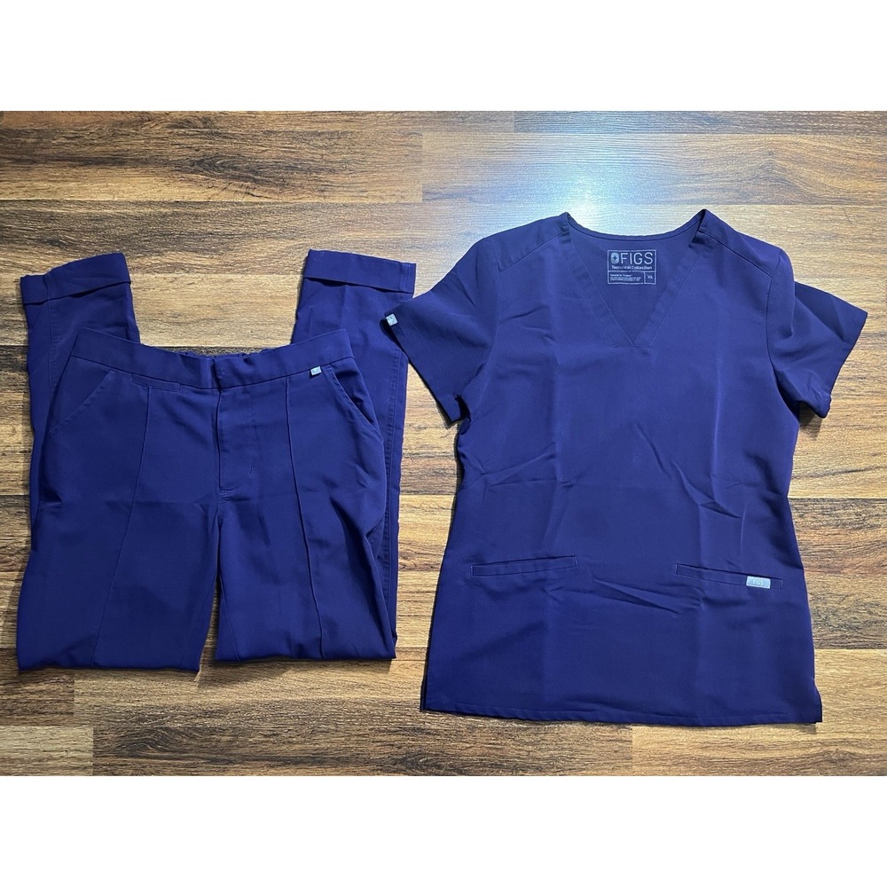 FIGS Technical Collection XS Scrub Set V-Neck Top & Cuffed Hem Pants Deep Purple
